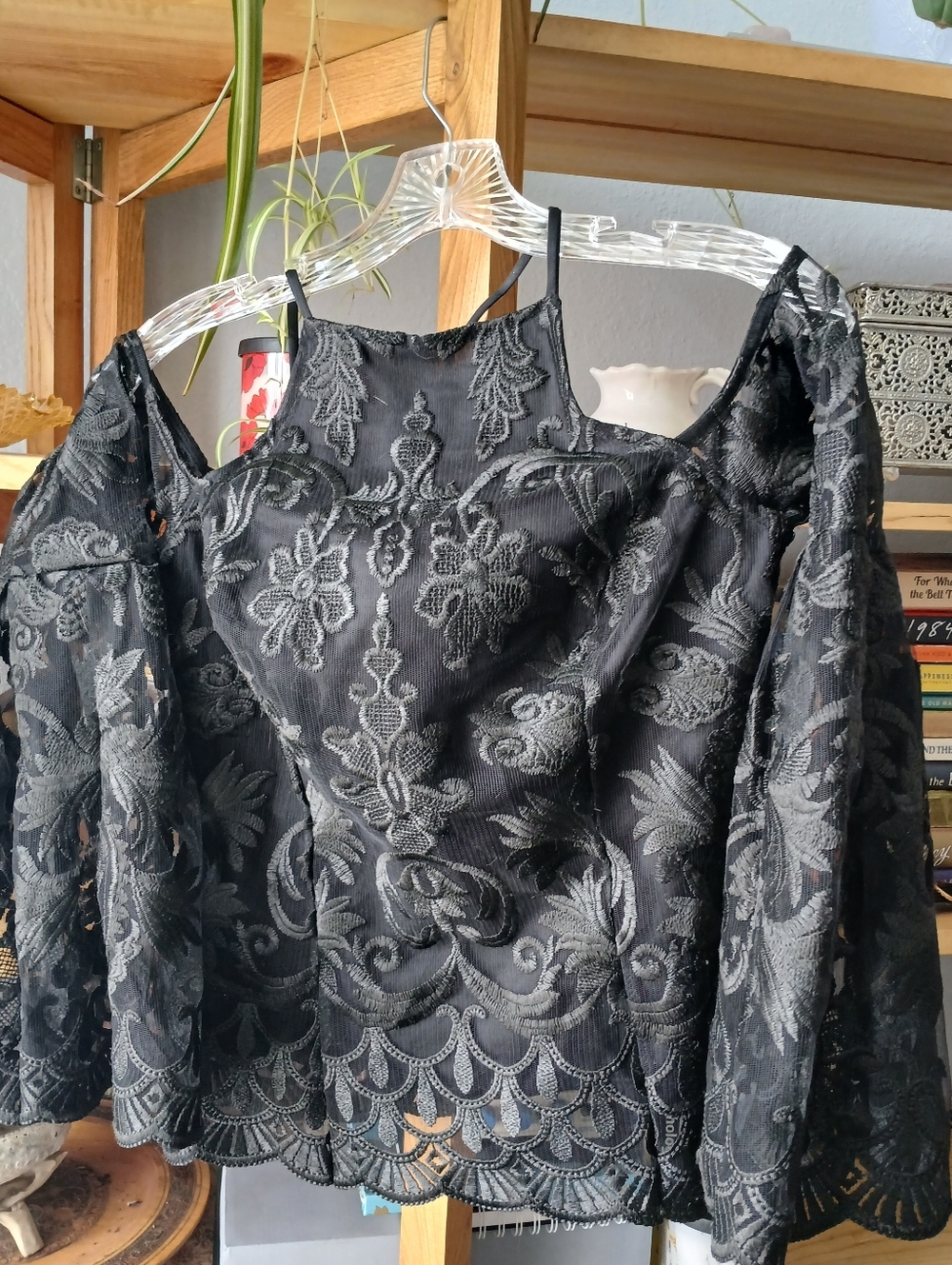 VENUS Black Floral Lace Chemise with Bell Sleeves
